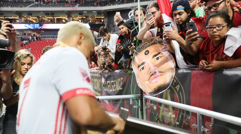 September 13, 2017 Atlanta. A Atlanta United watched Atlanta United forward Josef Martinez nailing the golden spike after he was named best player of the match after scoring three goals against the New England Revolution at Mercedes-Benz stadium.