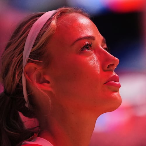 Indiana Fever guard Sophie Cunningham looks on during the national anthem before facing the Seattle Storm a WNBA basketball game, Tuesday, July 28, 2026, in Seattle. (AP Photo/Lindsey Wasson)