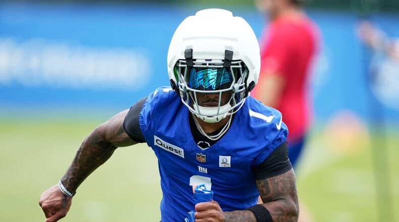 New York Giants wide receiver Malik Nabers practices during an NFL football training camp, Wednesday, July 29, 2026, in White Sulphur Springs, W.Va. (AP Photo/Chris Carlson)