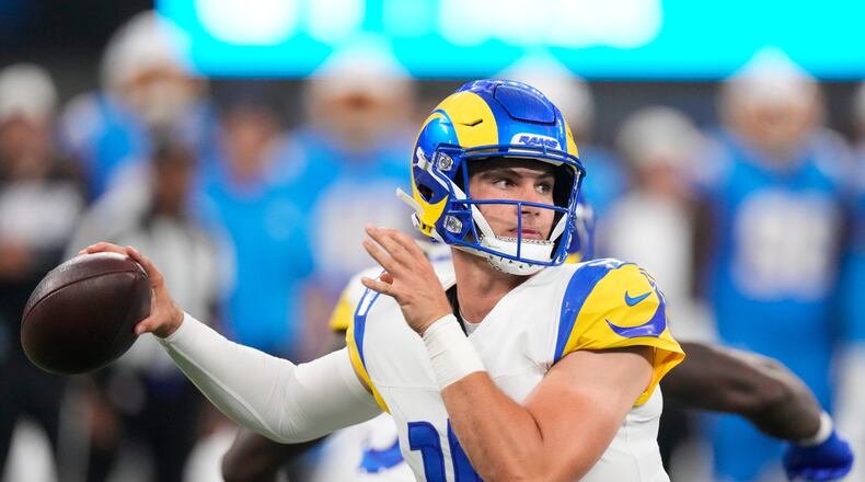 Los Angeles Rams quarterback Ty Simpson throws a pass during the first half of an NFL preseason football game against the Los Angeles Chargers Thursday, Aug. 27, 2026, in Inglewood, Calif. (AP Photo/Mark J. Terrill)
