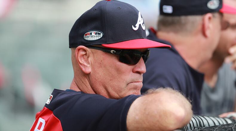 Atlanta Braves manager Brian Snitker watches his team prepare to play the Los Angeles Dodgers in Game 4 of a National League Division Series baseball game on Monday, Oct 8, 2018, in Atlanta. Curtis Compton/ccompton@ajc.com