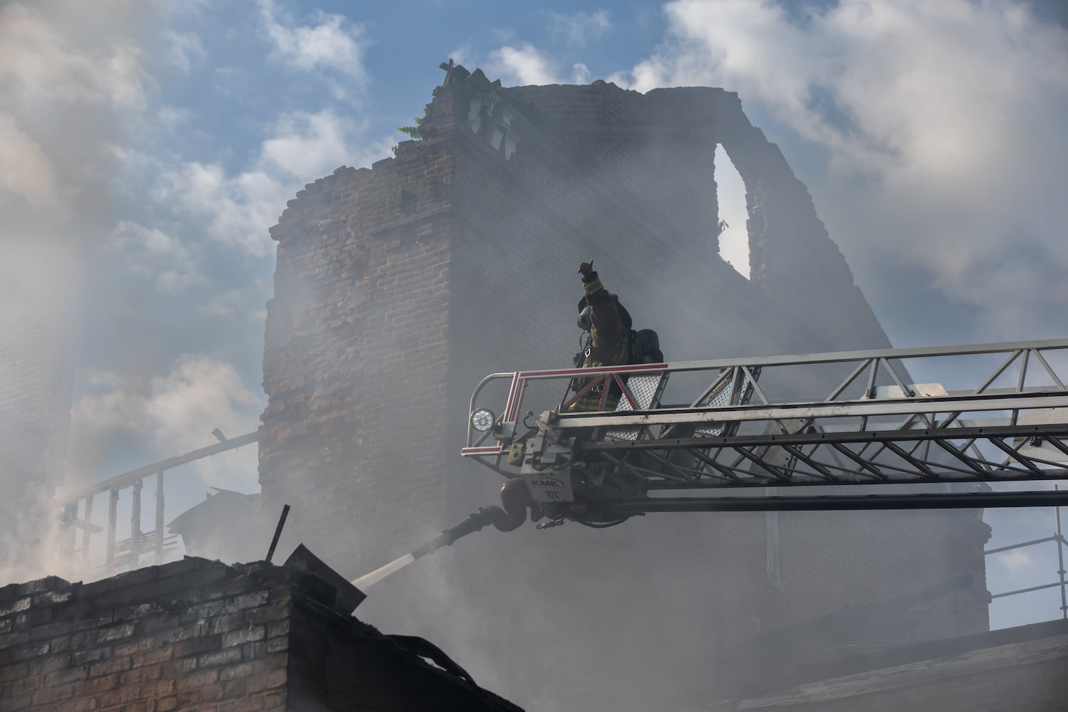 Atlanta firefighters went to it Thursday morning, June 13, 2024 battling a blaze at Morris Brown College for the second time in the past 16 months at the historic building formerly known as Gaines Hall. Crews arrived just before 8 a.m. just off Northside Drive at Martin Luther King Jr. Drive, according to Atlanta Fire Rescue. (John Spink/AJC)
