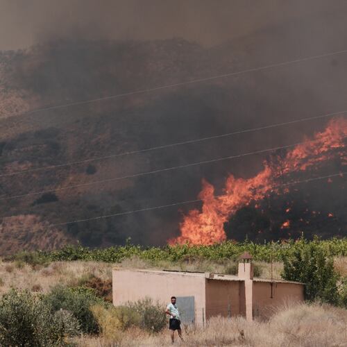 A wildfire rages in Alfajir, near Almeria in southeastern Spain, Friday, July 10, 2026. (AP Photo/Gregorio Marrero)