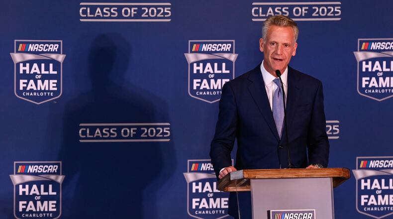 FILE - NASCAR president Steve Phelps announces the inductees to the 2025 NASCAR Hall of Fame class, Tuesday, May 21, 2024, in Charlotte, N.C. (AP Photo/Matt Kelley, File)