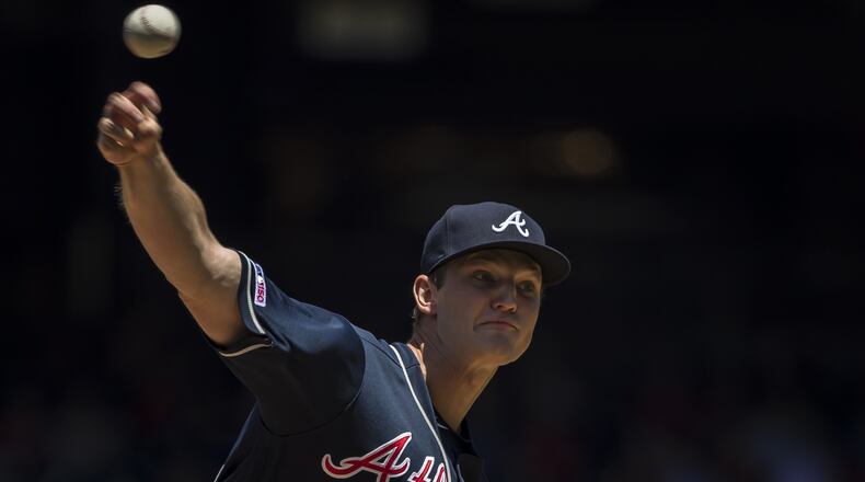 Braves starter Mike Soroka pitches against the Washington Nationals during the first inning June 23, 2019, at Nationals Park in Washington, DC. Soroka left the game after 21 pitches.