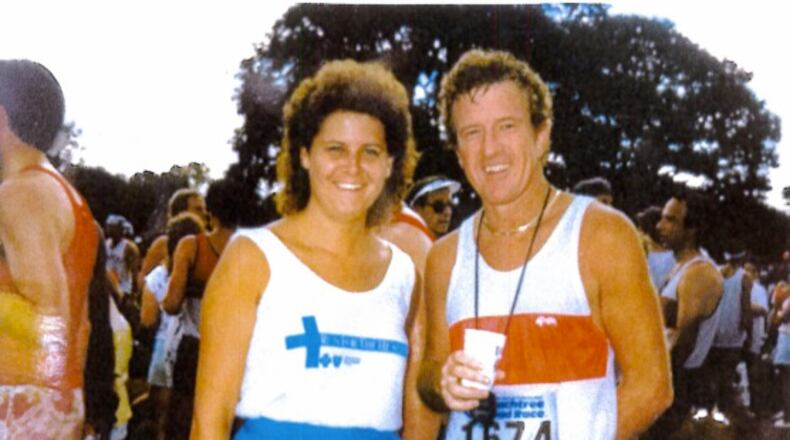 Jack Moore of McDonough stands with wife, Kay, after completing The Atlanta Journal-Constituition Peachtree Road Race in 1987. Moore ran in the first-ever Peachtree Road Race, in 1970. (Contributed by Jack Moore)