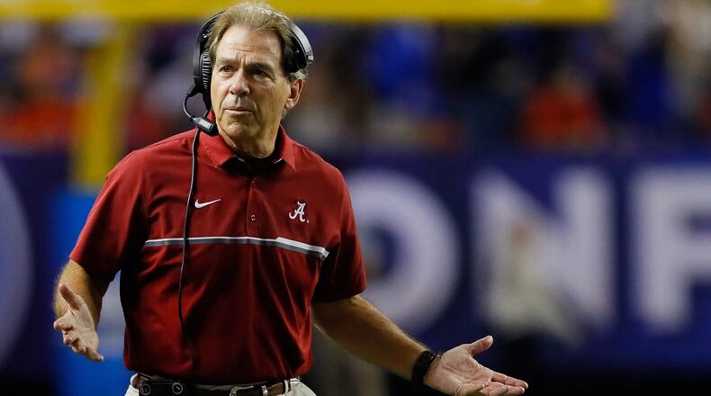 Head coach Nick Saban of the Alabama Crimson Tide looks on in the second half against the Florida Gators during the SEC Championship game at the Georgia Dome on December 3, 2016 in Atlanta, Georgia. (Photo by Kevin C. Cox/Getty Images)