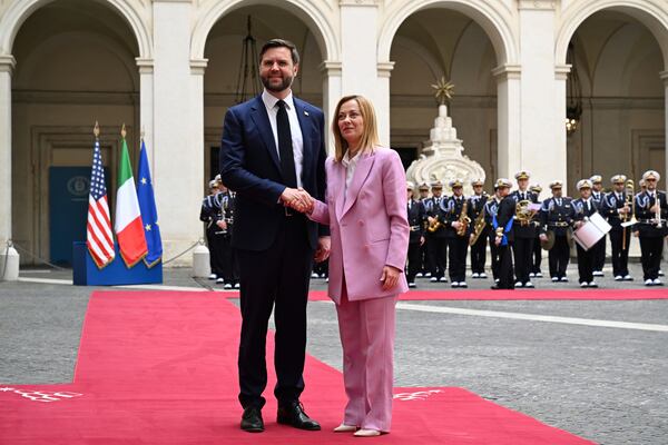 U.S. Vice President JD Vance meets with Italian Prime Minister Giorgia Meloni at Chigi Palace in Rome, Italy, Friday April 18, 2025. (Kenny Holston/The New York Times via AP, Pool)