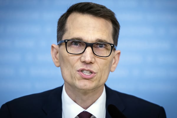 Swiss National Bank's (SNB) Chairman of the Governing Board Martin Schlegel speaks during a media briefing at the Swiss National Bank in Zurich, Switzerland, Thursday, June 19, 2025. (Michael Buholzer/Keystone via AP)