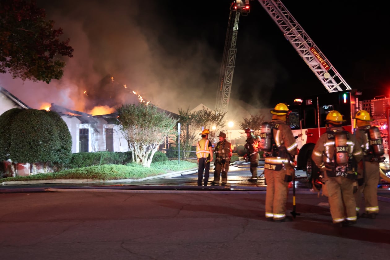Official said a firefighter was injured while battling a blaze Saturday, Oct. 25, 2025, at an office building in Gwinnett County. (Courtesy of Gwinnett County Fire and Emergency Services)