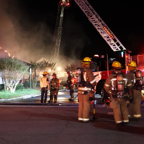 Official said a firefighter was injured while battling a blaze Saturday, Oct. 25, 2025, at an office building in Gwinnett County. (Courtesy of Gwinnett County Fire and Emergency Services)