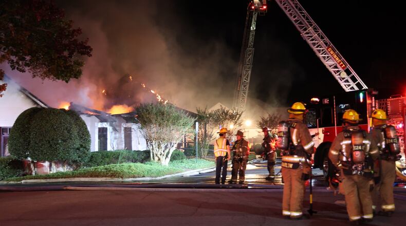 Official said a firefighter was injured while battling a blaze Saturday, Oct. 25, 2025, at an office building in Gwinnett County. (Courtesy of Gwinnett County Fire and Emergency Services)