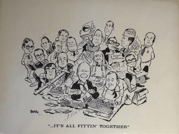 Clifford "Baldy" Baldowski, longtime editorial cartoonist for The Atlanta Journal-Constitution, drew an image of architecture firm TVS that the family of the late Thomas W. Ventulett III still keeps. (Courtesy of Thomas P. Ventulett)