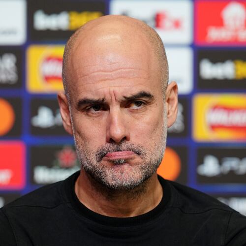 Manchester City manager Pep Guardiola looks on during a press conference in Manchester, England, Tuesday Jan. 27, 2026, one day ahead of their Champions League soccer match against Galatasaray. (Martin Rickett/PA via AP)