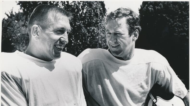 Former Georgia Bulldogs wide receiver Jimmy Orr, right, played in the NFL for 13 seasons. Most of them were with the Baltimore Colts, and his quarterback was Johnny Unitas, left.