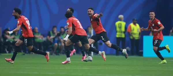 Egypt’s Yasser Ibrahim (second from right) celebrates his goal against Argentina during the first half of their World Cup match on Tuesday, July 7, 2026, at Atlanta Stadium. (Jason Getz/AJC)