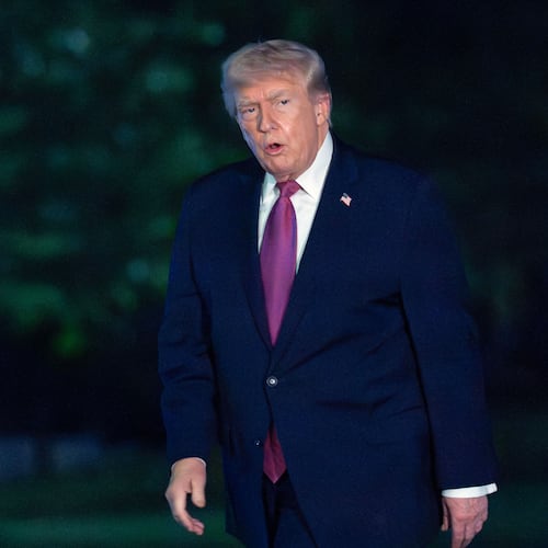 President Donald Trump walks on the South Lawn upon his arrival to the White House, Friday, April 17, 2026, in Washington. (AP Photo/Jose Luis Magana)