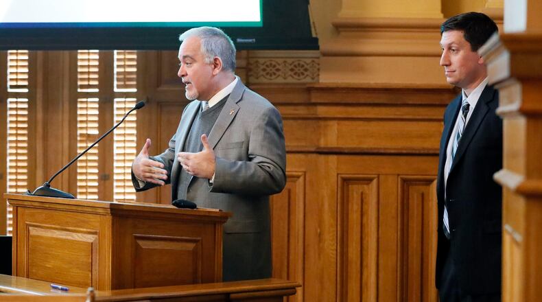 Georgia School Superintendent Richard Woods (left), along with Ted Beck, Department of Eduction chief financial officer, make a presentation to state legislators on the 2019 amended and 2020 state budgets. BOB ANDRES / BANDRES@AJC.COM