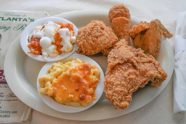 A meal from Mary Mac's Tea Room, including fried chicken, mac and cheese and sweet potato souffle.