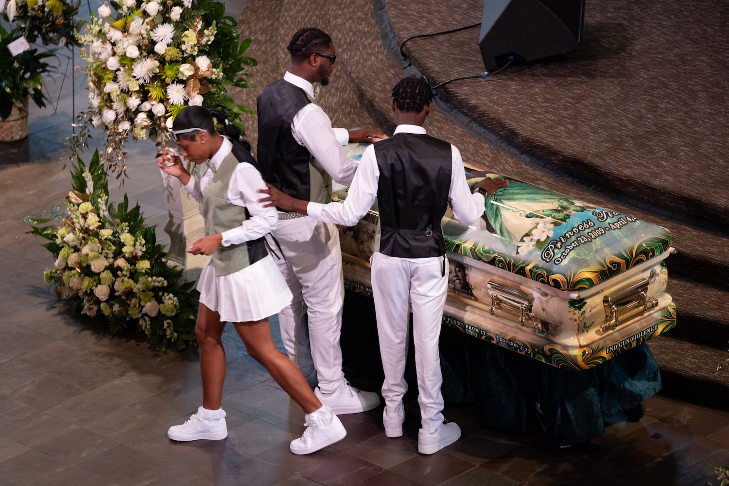Family and friends gather for a celebration of life for Tianah Robinson at Ebenezer Baptist Church on Saturday, April 18, 2026, in Atlanta. Robinson was killed during a shooting at Piedmont Park following 404 Day celebrations. (Ben Gray for the AJC)