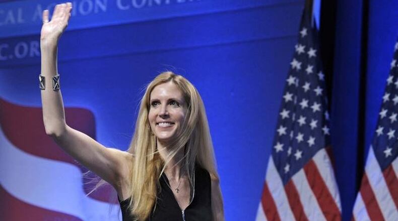 In this Feb. 12, 2011 file photo, Ann Coulter waves to the audience after speaking at the Conservative Political Action Conference in Washington. (AP Photo/Cliff Owen)