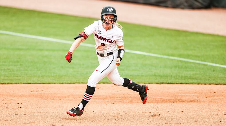 Georgia freshman Sydney Chambley celebrates after driving in a run in a dramatic 10-9 win over No. 13 Duke in the NCAA Athens Regional Sunday, May 23, 2021, at UGA's Jack Turner Stadium in Athens. (Tony Walsh/UGA)