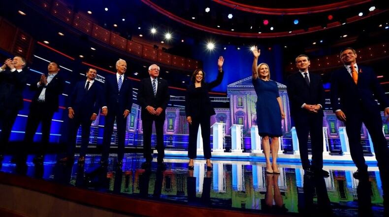 This June 27, 2019 file photo shows Democratic presidential candidates on the second night of the Democratic primary debate in Miami. The next debate is set for July 30 and 31 in Detroit.