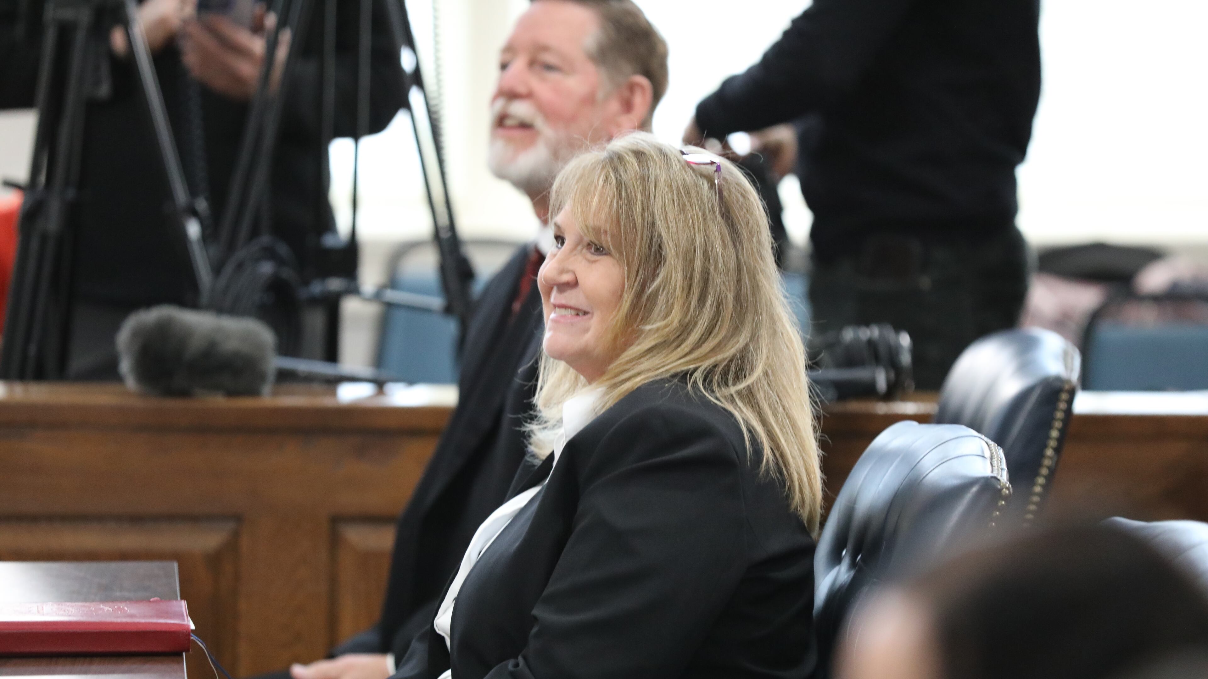 Former Colleton County Clerk of Court Mary Rebecca "Becky" Hill awaits a court hearing on Monday, Dec. 8, 2025, in St. Matthews, S.C. (AP Photo/Jeffrey Collins)