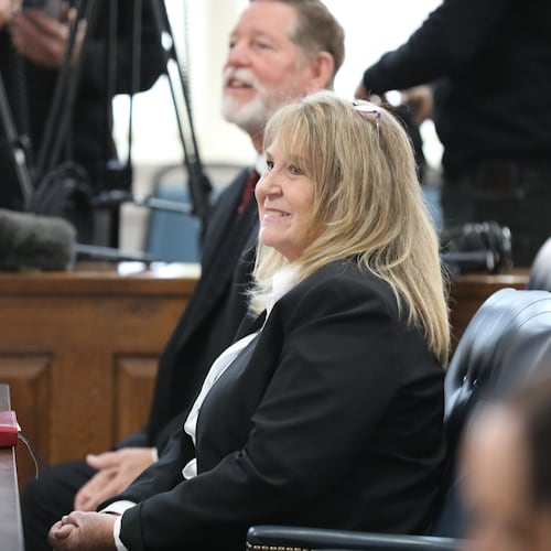 Former Colleton County Clerk of Court Mary Rebecca "Becky" Hill awaits a court hearing on Monday, Dec. 8, 2025, in St. Matthews, S.C. (AP Photo/Jeffrey Collins)