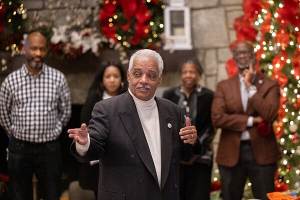 State Senate candidate Roger Bruce, a retired state representative, speaks at his meet-and-greet at Hotel Indigo Atlanta in Vinings on Wednesday, December 3, 2025. Bruce will be on the ballot for the Dec. 16 runoff. (Arvin Temkar/AJC)