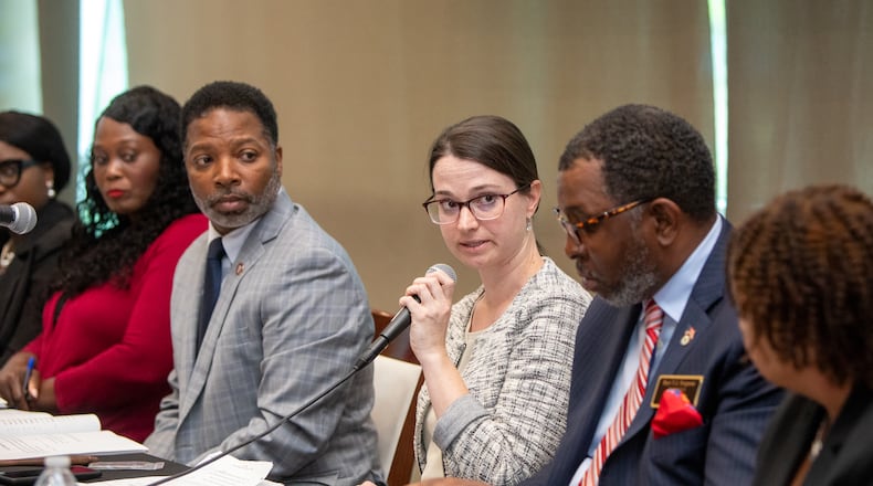 The Mableton mayor and council discuss the new city during the first Mableton City Council Meeting on Thursday, May 11, 2023 at the Riverside Epicenter in Austell.  (Jenni Girtman for The Atlanta Journal-Constitution)