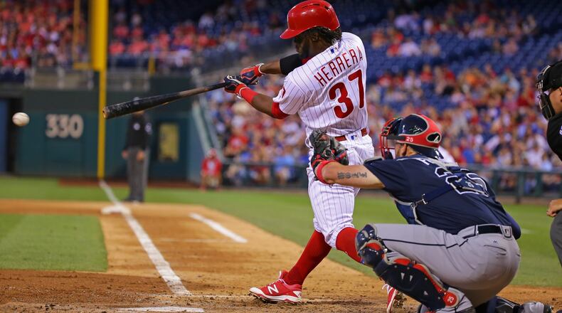 Odubel Herrera #37 of the Philadelphia Phillies hits an RBI single in the fourth inning during a game against the Atlanta Braves at Citizens Bank Park on July 29, 2017 in Philadelphia, Pennsylvania. (Photo by Hunter Martin/Getty Images)