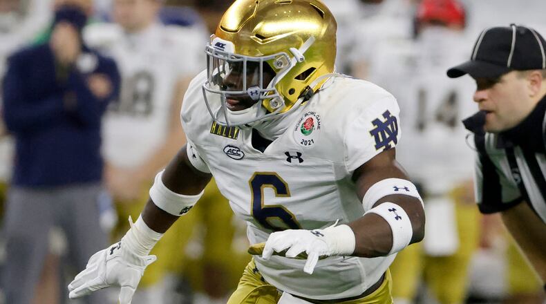 Notre Dame linebacker Jeremiah Owusu-Koramoah (6) defends against Alabama during the Rose Bowl Friday, Jan. 1, 2021, in Arlington, Texas. (Michael Ainsworth/AP)