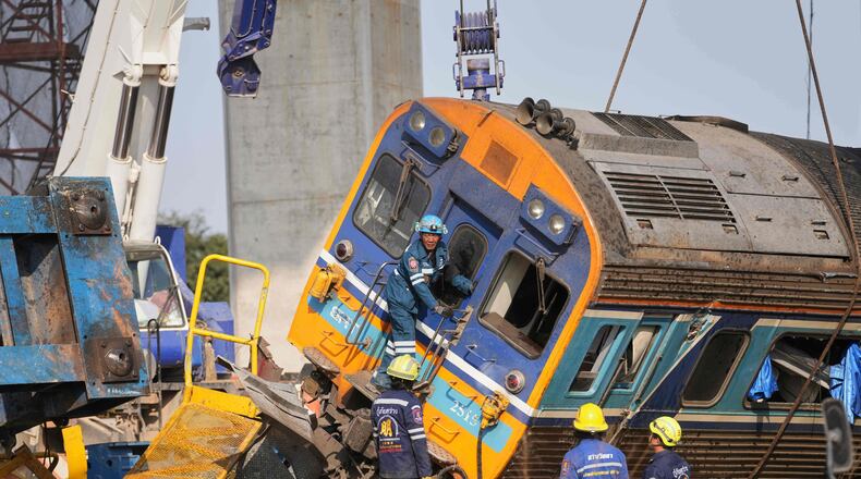 Rescuers work amidst the wreckage after a construction crane fell into a passenger train in Nakhon Ratchasima province, Thailand, Wednesday, Jan.14, 2026. (AP Photo/Sakchai Lalit))