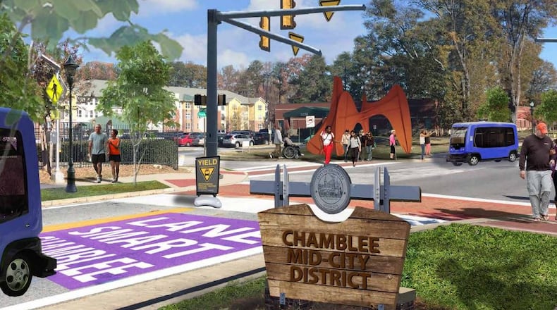 A rendering shows what an intersection on Peachtree Road in Chamblee could look like with a self-driving shuttle system.