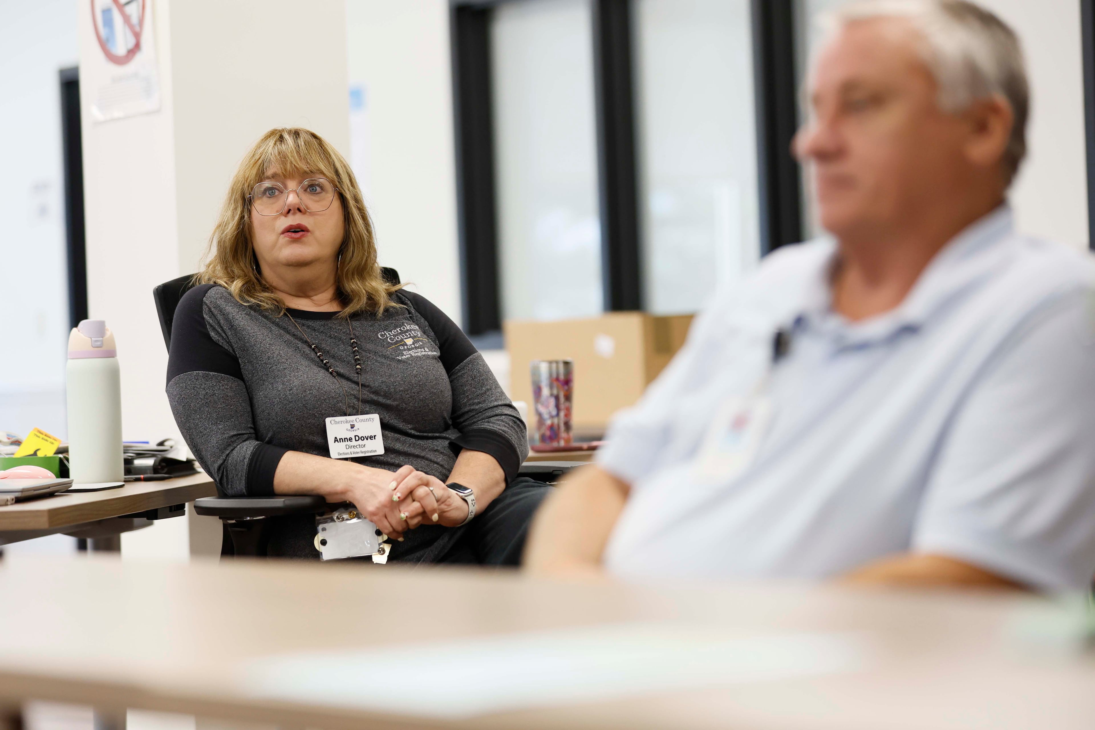 Anne Dover, director of elections and registration, speaks at the Cherokee County Voting and Registration office about the low turnout during the runoff elections for the Public Service Commission on Tuesday, July 8, 2025. (Miguel Martinez/AJC)