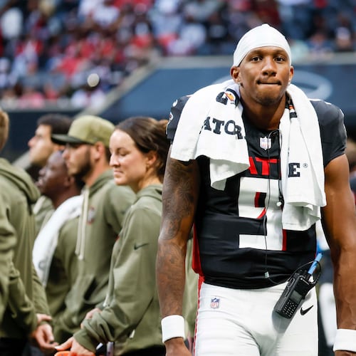 Atlanta Falcons quarterback Michael Penix Jr. (9) is seen on the sidelines after leaving the field with an apparent injury during the second half of an NFL game against the Carolina Panthers at Mercedes-Benz Stadium in Atlanta on Sunday, Nov. 16, 2025.
(Miguel Martinez/ AJC)