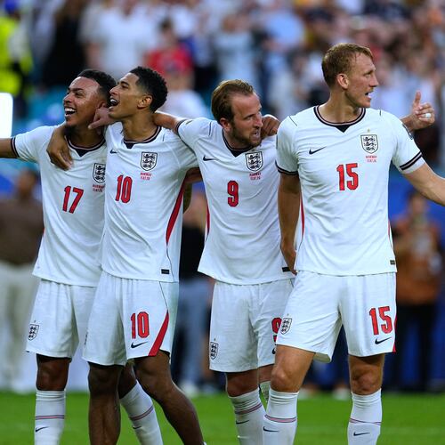 England's Morgan Rogers (left), Jude Bellingham, Harry Kane and Dan Burn celebrate et the end of their World Cup quarterfinal victory against Norway in Miami Gardens, Florida, on Saturday, July 11, 2026. (George Walker IV/AP)