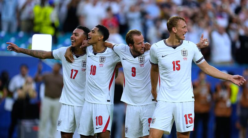 England's Morgan Rogers (left), Jude Bellingham, Harry Kane and Dan Burn celebrate et the end of their World Cup quarterfinal victory against Norway in Miami Gardens, Florida, on Saturday, July 11, 2026. (George Walker IV/AP)