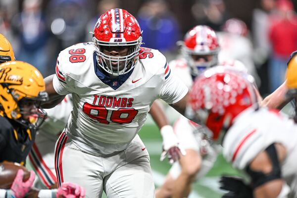Toombs County defensive tackle Jamarcus Johnson plays defense during the first half of a Class A Division I state championship game against Worth County Tuesday, Dec. 16, 2025 at the Mercedes-Benz Stadium. (Daniel Varnado for the AJC)