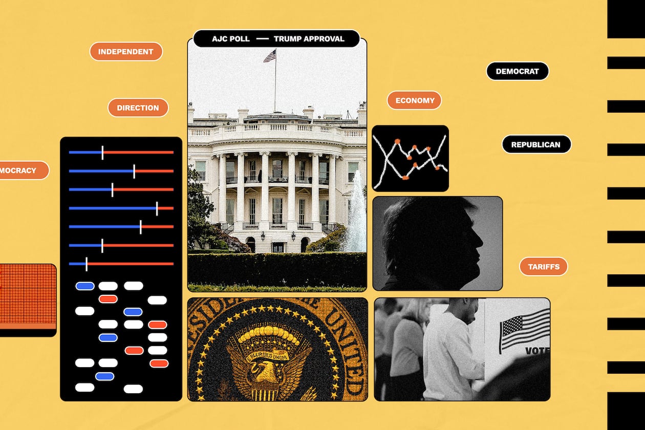 The job performance approval rating for President Donald Trump is 84% among likely Republican voters, while the disapproval rating among likely Democratic voters is 94%, according to October AJC polls. (Illustration: Philip Robibero / AJC | Source: Getty)