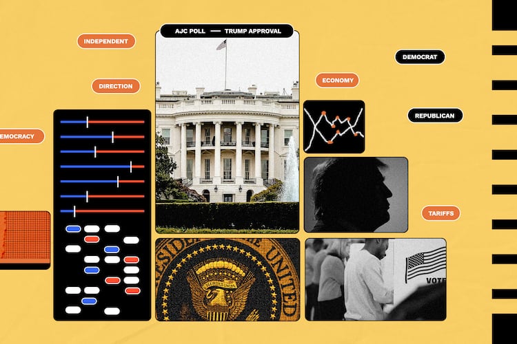The job performance approval rating for President Donald Trump is 84% among likely Republican voters, while the disapproval rating among likely Democratic voters is 94%, according to October AJC polls. (Illustration: Philip Robibero / AJC | Source: Getty)