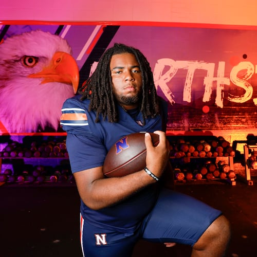 AJC Super 11 Elijah Patmon, a defensive tackle and defensive end, poses for a portrait at Northside High School on Tuesday, July 14, 2026, in Warner Robins. The 4-star Texas A&M commit will play on bigger stages soon. (Miguel Martinez/AJC)