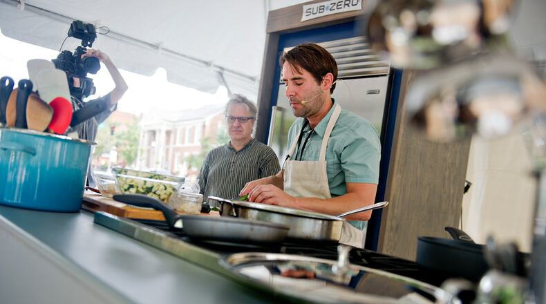 Brys Stephens demonstrates how to cook using pablano peppers during the AJC Decatur Book Festival on Saturday, Aug. 30, 2014. JONATHAN PHILLIPS / SPECIAL Brys Stephens demonstrates how to cook using pablano peppers during the AJC Decatur Book Festival on Saturday, Aug. 30, 2014. JONATHAN PHILLIPS / SPECIAL