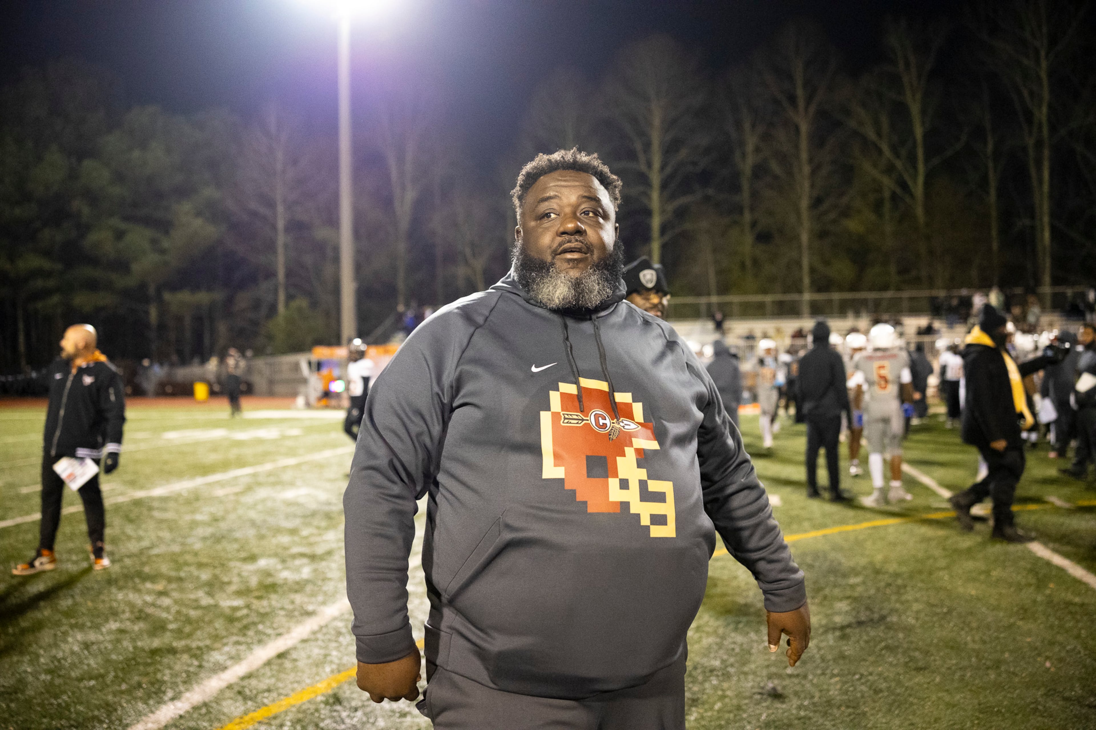 Creekside head coach Maurice Dixon looks on after a win in the class 4A semifinal against Kell at Creekside High School in Fairburn, GA on Friday, December 5, 2025. (Oscar Guevara Saenz for the AJC)