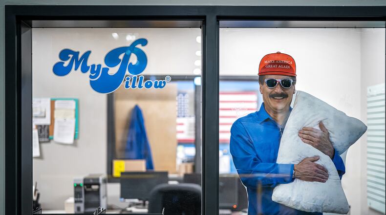 Cardboard cut outs of Mike Lindell are seen throughout the MyPillow manufacturing facility in Shakopee, Minnesota. One of Fox News’ most visible advertisers, Mike Lindell and his MyPillow line of products, has pulled his commercials from the network because it would not air his ad promoting discredited claims of election fraud. (Glen Stubbe/Minneapolis Star Tribune/TNS)