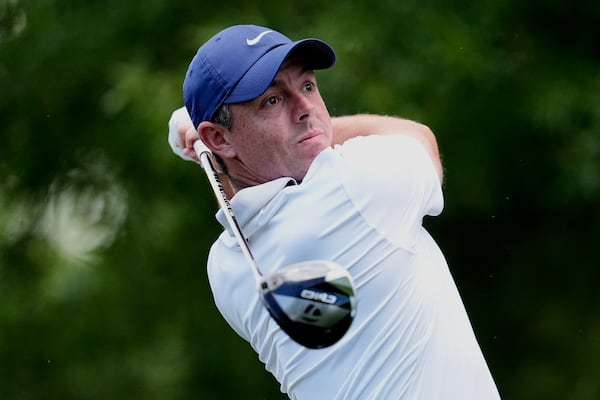 Rory McIlroy, of Northern Ireland, watches his tee shot on the second hole during a practice round for the PGA Championship golf tournament at the Quail Hollow Club, Tuesday, May 13, 2025, in Charlotte, N.C. (AP Photo/George Walker IV)
