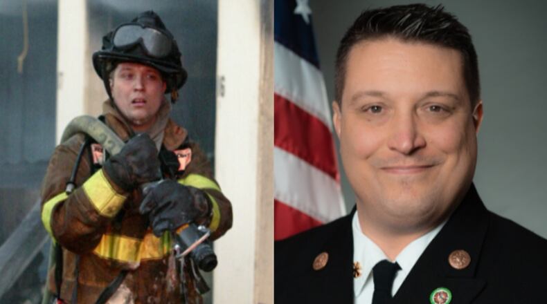 Chris Coons, left, hauls hose as an Atlanta firefighter in a 2004 file photo. On the right he poses for a more recent picture. The 46-year-old Lawrenceville native was named the new fire chief of the Johns Creek Fire Department on Wednesday, June 5, 2019.