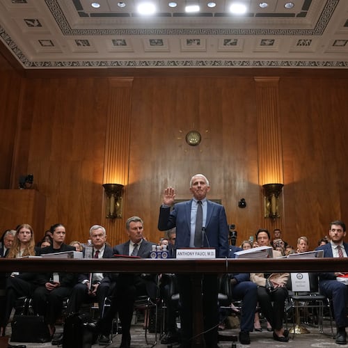 Dr. Anthony Fauci is sworn in before the Senate Homeland Security and Governmental Affairs Committee at the Capitol, Wednesday, July 29, 2026, in Washington. (AP Photo/Allison Robbert)