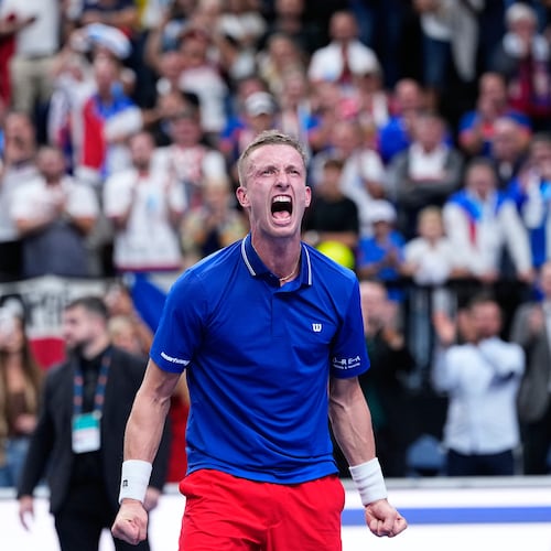 Czechia's Jiri Lehecka celebrates after winning the decisive point against United States' Learner Tien during the Davis Cup second round qualifier match between the Czech Republic and the United States, in Prague, Saturday, Sept. 19, 2026. (AP Photo/Petr David Josek)